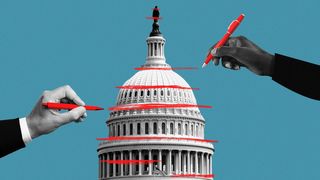 Illustration of hands drawing red lines over the US Capitol. 